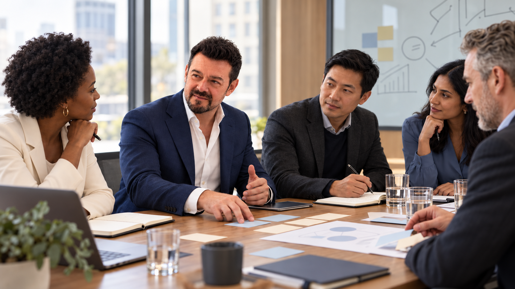 Diego Gil Hermida dirigiendo una sesión de trabajo alrededor de una mesa con el equipo